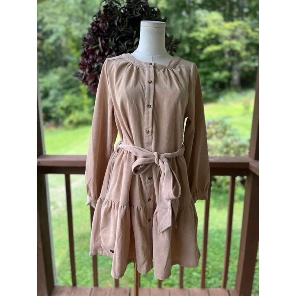 Simply Southern Corduroy Tiered Belted Shirt Dress Tan Size S